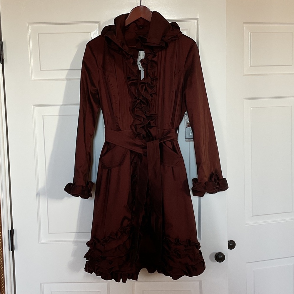 Dons Collection Ruffled Belted Trench Coat Color: Sangria Size: Small